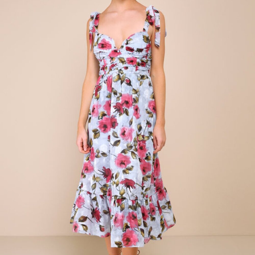 Lulus Lush Loveliness Light Blue Floral Jacquard Tie-strap Midi Dress - Size M